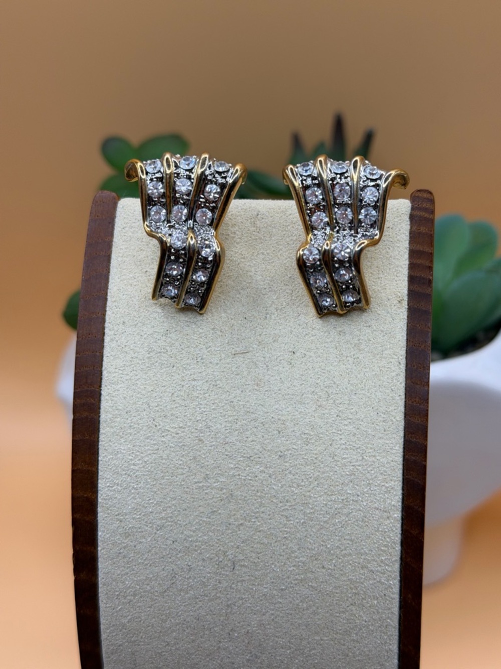 Gold and Clear Crystal Fan Clip-On Earrings vintage